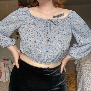 Pink Rose Floral Blue Blouse